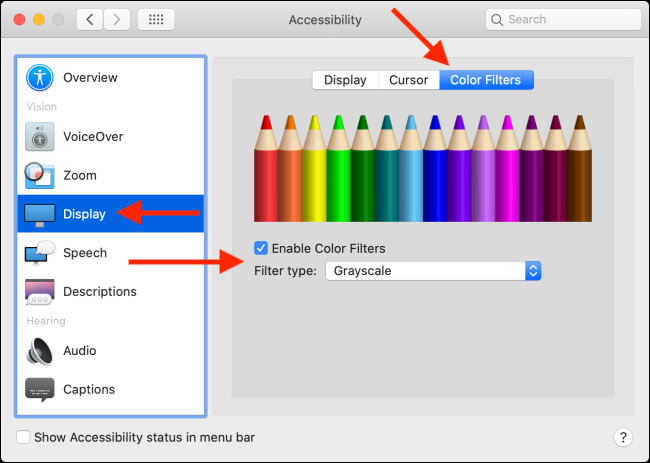 Haga clic en "Pantalla" y "Filtros de color", seleccione "Escala de grises" en el menú desplegable "Tipo de filtro:" y luego haga clic en la casilla de verificación junto a "Habilitar filtros de color" para habilitarlo.