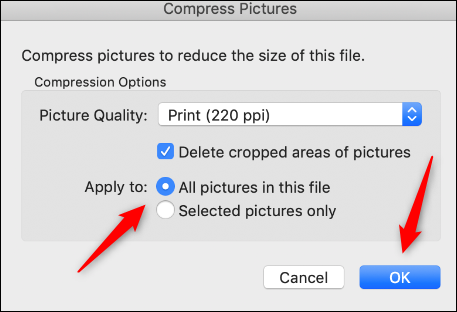Seleccione si desea aplicar la compresión a todas las imágenes del documento y luego haga clic en "Aceptar".