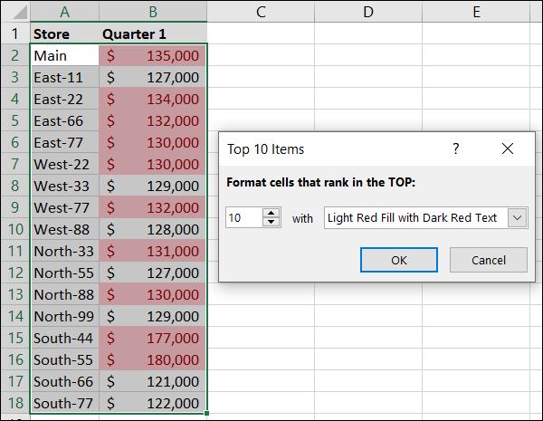 Valores predeterminados de formato condicional para los 10 elementos principales en Excel