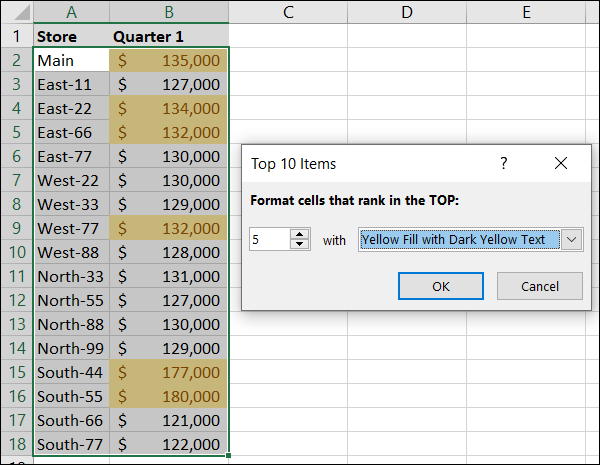 Formato condicional de los 5 elementos principales en amarillo en Excel