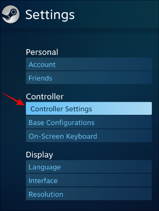 Configuración del controlador bajo el título Controlador en Steam