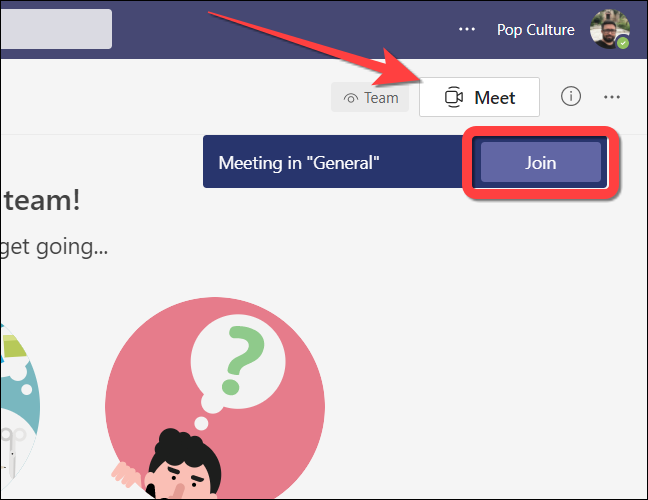 Haga clic en el botón "Reunirse ahora" para crear una nueva reunión o en el botón "Unirse" para unirse a una reunión existente en Microsoft Teams para la web.