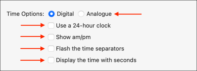 El menú "Opciones de hora" en Mac.