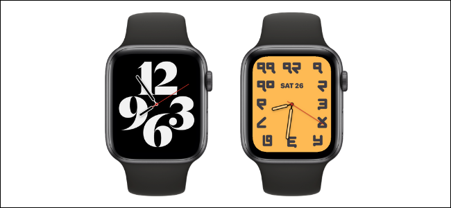 La esfera del reloj de tipografía predeterminada en un Apple Watch y una versión personalizada con un fondo y números diferentes en otro.