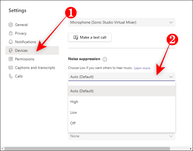 Opciones desplegables de supresión de ruido de dispositivos en Teams