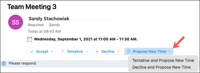 Haga clic en Proponer nueva hora en el correo electrónico de Outlook