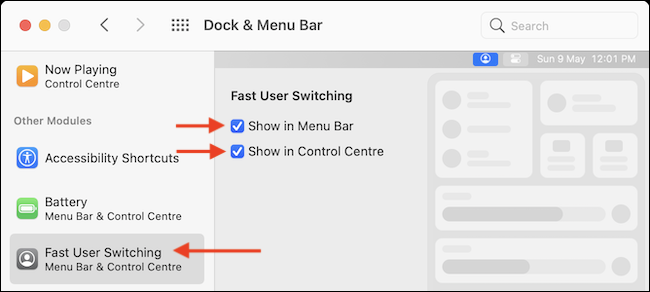 Habilite la función de cambio rápido de usuario del dedo del pie para la barra de menú y el centro de control.
