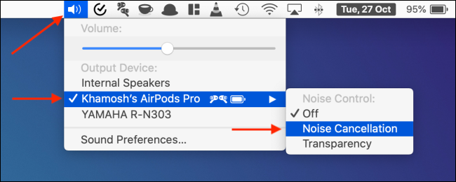Habilitar la cancelación de ruido desde la barra de menú en Mac