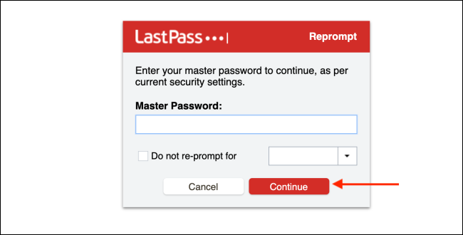 Ingrese la contraseña de LastPass y haga clic en Continuar