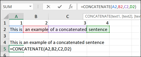 Un ejemplo de varias cadenas de texto combinadas usando la función CONCATENAR de Excel.