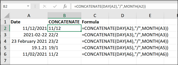 Ejemplos de la función CONCATENAR de Excel utilizada para eliminar el año de los valores de fecha.
