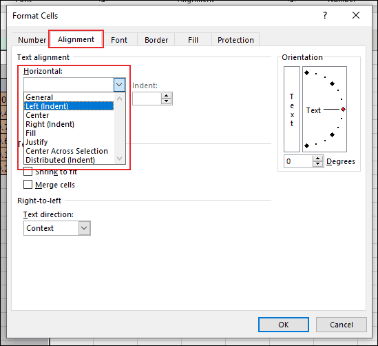 En el cuadro de diálogo Formato de celdas en Excel, haga clic en la pestaña Alineación y haga clic en el menú desplegable "Horizontal", debajo de la sección Alineación del texto