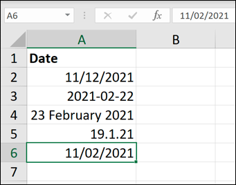 Un ejemplo de varios formatos de fecha personalizados en Microsoft Excel.