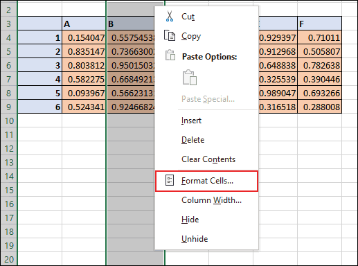 Faites un clic droit sur vos cellules dans Excel, puis cliquez sur Formater les cellules