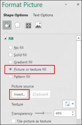 Seleccione el botón de opción "Relleno de imagen o textura" y luego haga clic en "Insertar".