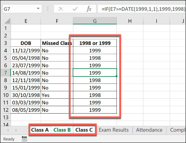 An Excel IF formula, applied to multiple grouped worksheets.