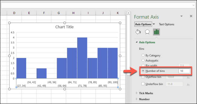 Un histograma de Excel, con agrupaciones de bandejas agrupadas por número de bandejas