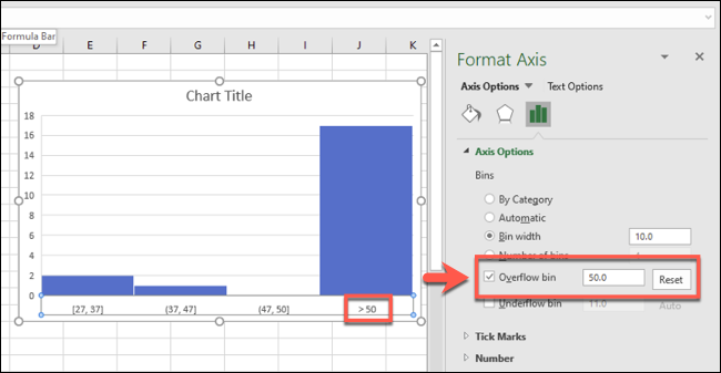 Un histograma de Excel con una figura de bandeja de desbordamiento habilitada