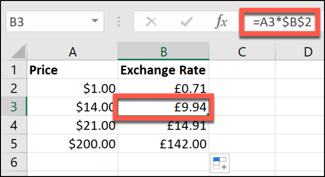 Un ejemplo de conversión de moneda manual en una hoja de cálculo de Excel.