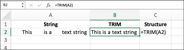 Para usar la función TRIM en Excel usando una referencia de celda, use la fórmula = TRIM (A2), reemplazando A2 con su propia referencia de celda.