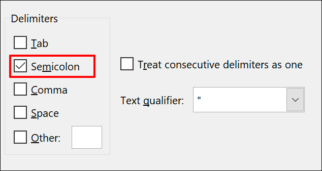 Opciones de texto a delimitador de columna en Microsoft Excel, con punto y coma seleccionado