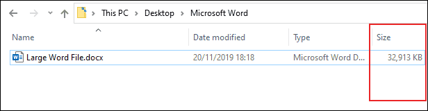 La columna "Tamaño" en el Explorador de archivos de Windows, que muestra el tamaño del archivo de un documento de Microsoft Word.