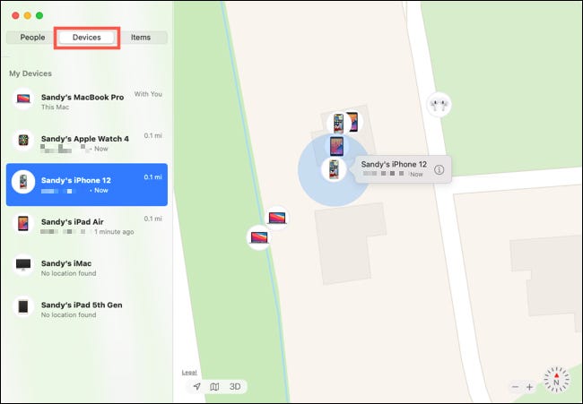 Select the device in Find My on Mac
