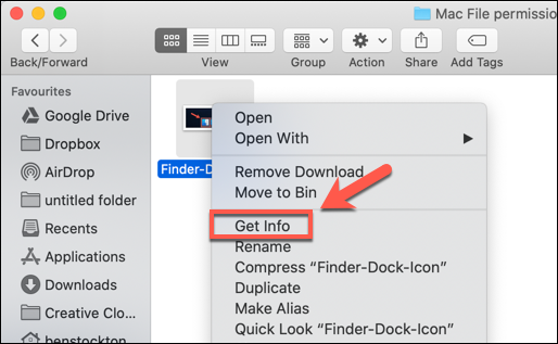 Haga clic con el botón derecho en un archivo y presione Obtener información para acceder a los permisos de archivo en macOS