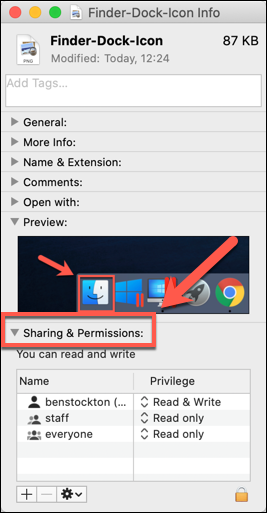 La sección "Compartir y permisos" de la ventana Obtener información de un archivo en macOS