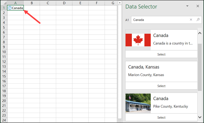 Canadá en la geografía de Excel "Selector de datos."