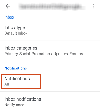 Configuración de la cuenta en Gmail con notificaciones resaltadas