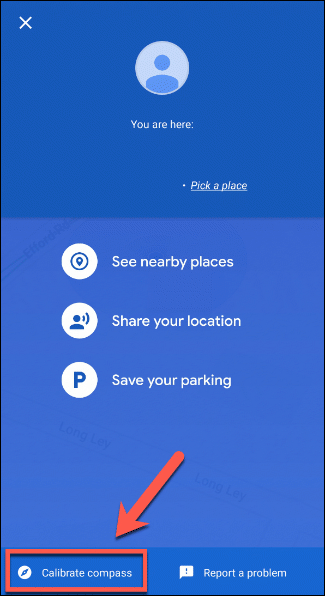 Na tela de informações detalhadas do local no Google Maps, pressione o botão Calibrate Compass para calibrar a bússola do seu dispositivo