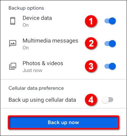 Ative suas opções de backup preferidas e toque em 