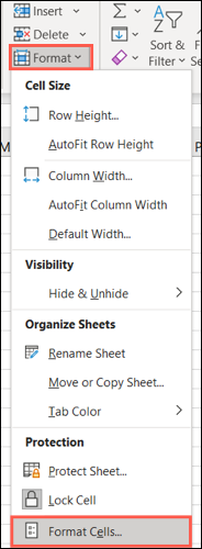 En la pestaña Inicio, haga clic en Formato, Dar formato a celdas