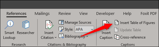 Opción Insertar tabla de figuras en la pestaña de referencia