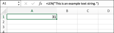 Un ejemplo de la función LEN en Excel, que muestra la longitud de una cadena de texto colocada directamente en la fórmula.