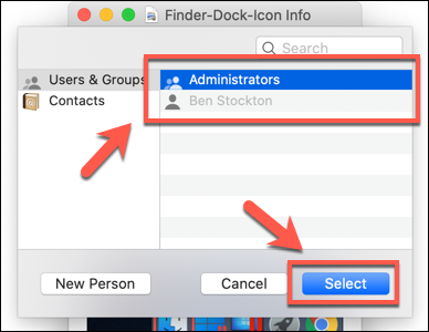 Seleccione un usuario o grupo de usuarios, luego presione Seleccionar para agregar ese usuario o grupo a la lista de permisos de archivos en macOS