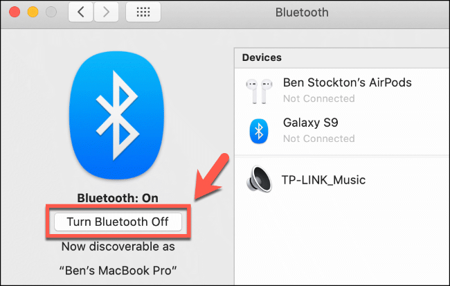 Haga clic en "Desactivar Bluetooth".