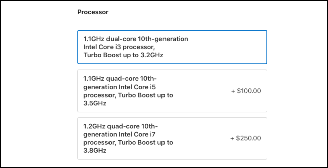 Las opciones del procesador MacBook Air 2020.