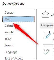 Pestaña Correo en la ventana Opciones de Outlook