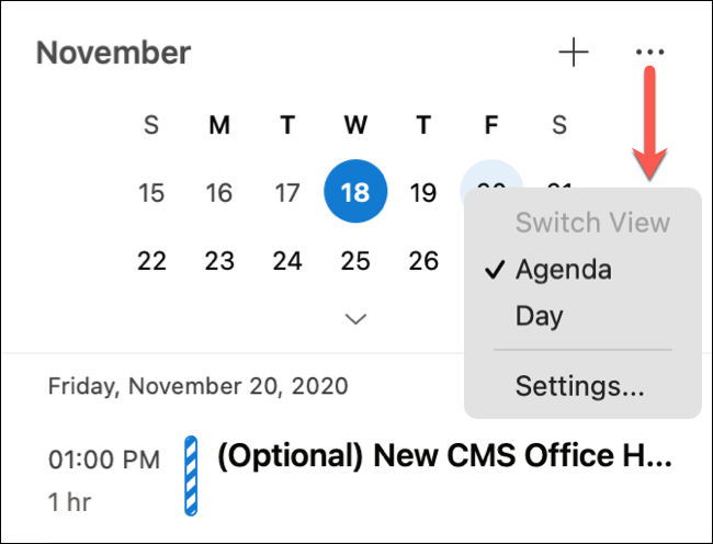 Haga clic en tres puntos para ver la agenda o el día