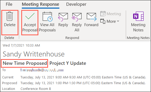 Haga clic para aceptar o eliminar una nueva propuesta de tiempo en Outlook