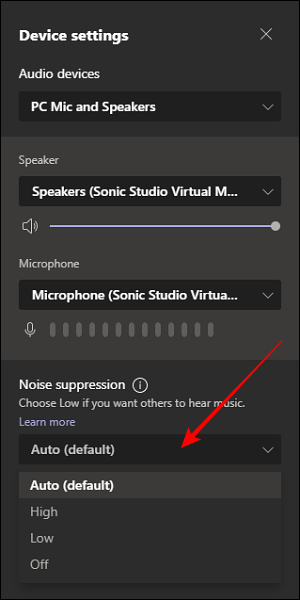 Opzione di soppressione del rumore nelle impostazioni del dispositivo in Microsoft Teams