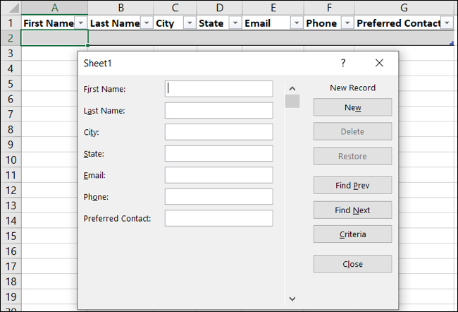 Abra el formulario de entrada de datos en Excel