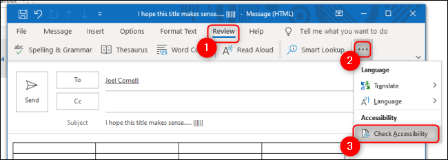 Comprobador de accesibilidad de Outlook en la pestaña Revisión