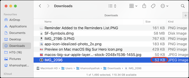 La foto exportada que muestra el tamaño de archivo reducido en Finder.