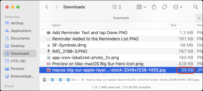 Después del proceso de cambio de tamaño, la foto actualizada muestra el tamaño de archivo reducido en Finder.