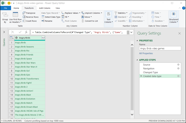 Power Query Editor con el tipo de datos creado