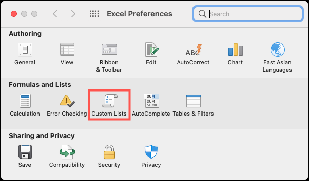 Haga clic en Excel, Preferencias, Listas personalizadas