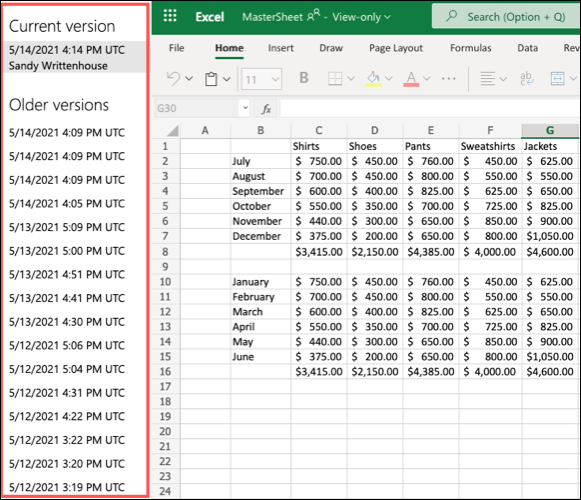 Versiones anteriores en Excel para la Web
